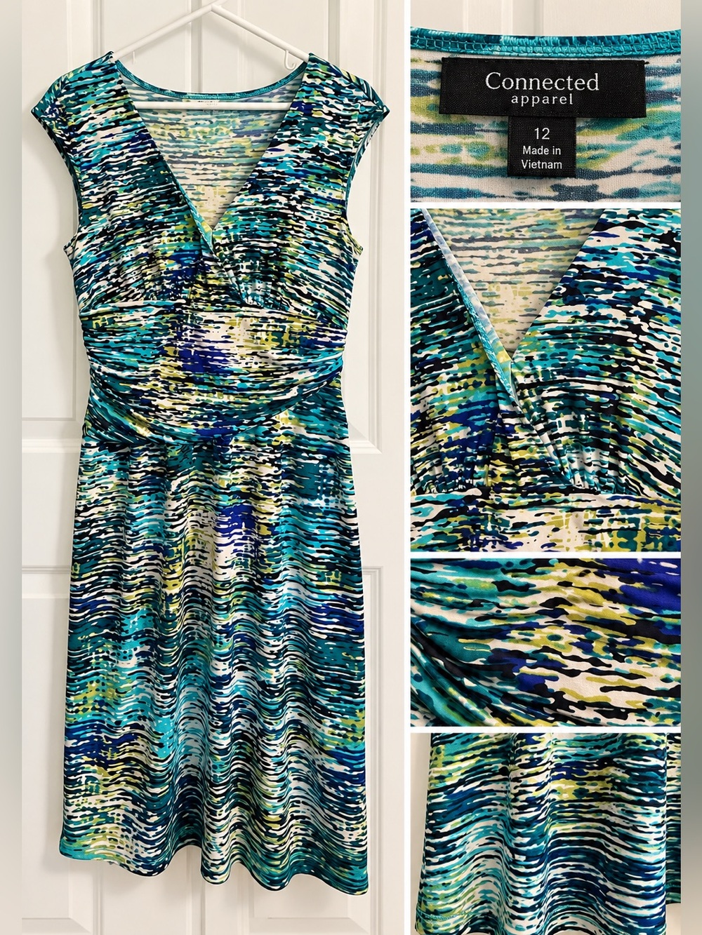 Teal Blue Green Printed V-Neck Women’s Dress size 12